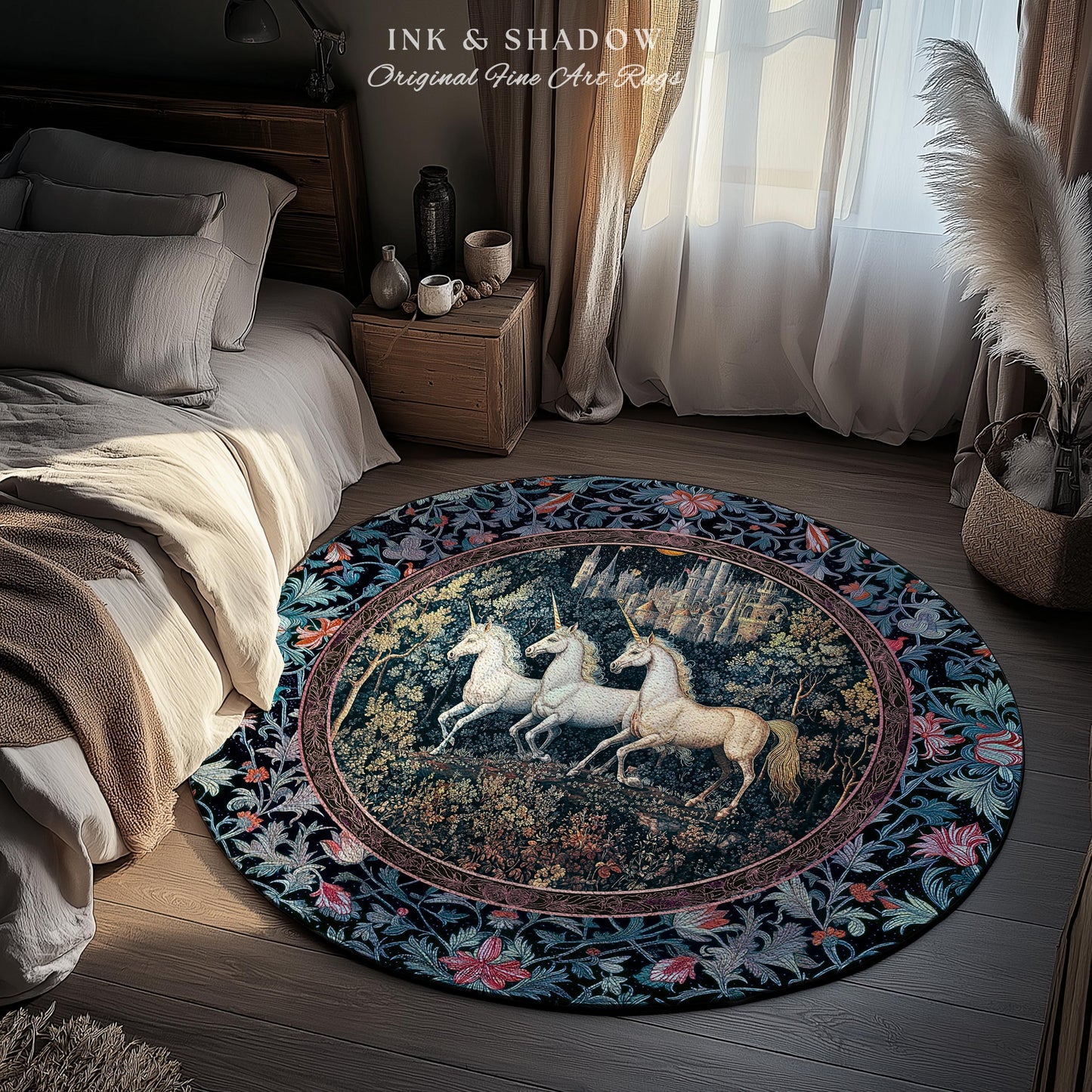 Witchy Dark Romantic Accent Rug | Medieval Folklore Decor Fairytale Inspired Cottagecore Whimsical Fantasy Unicorn Area Rug Gothic Whimsy |