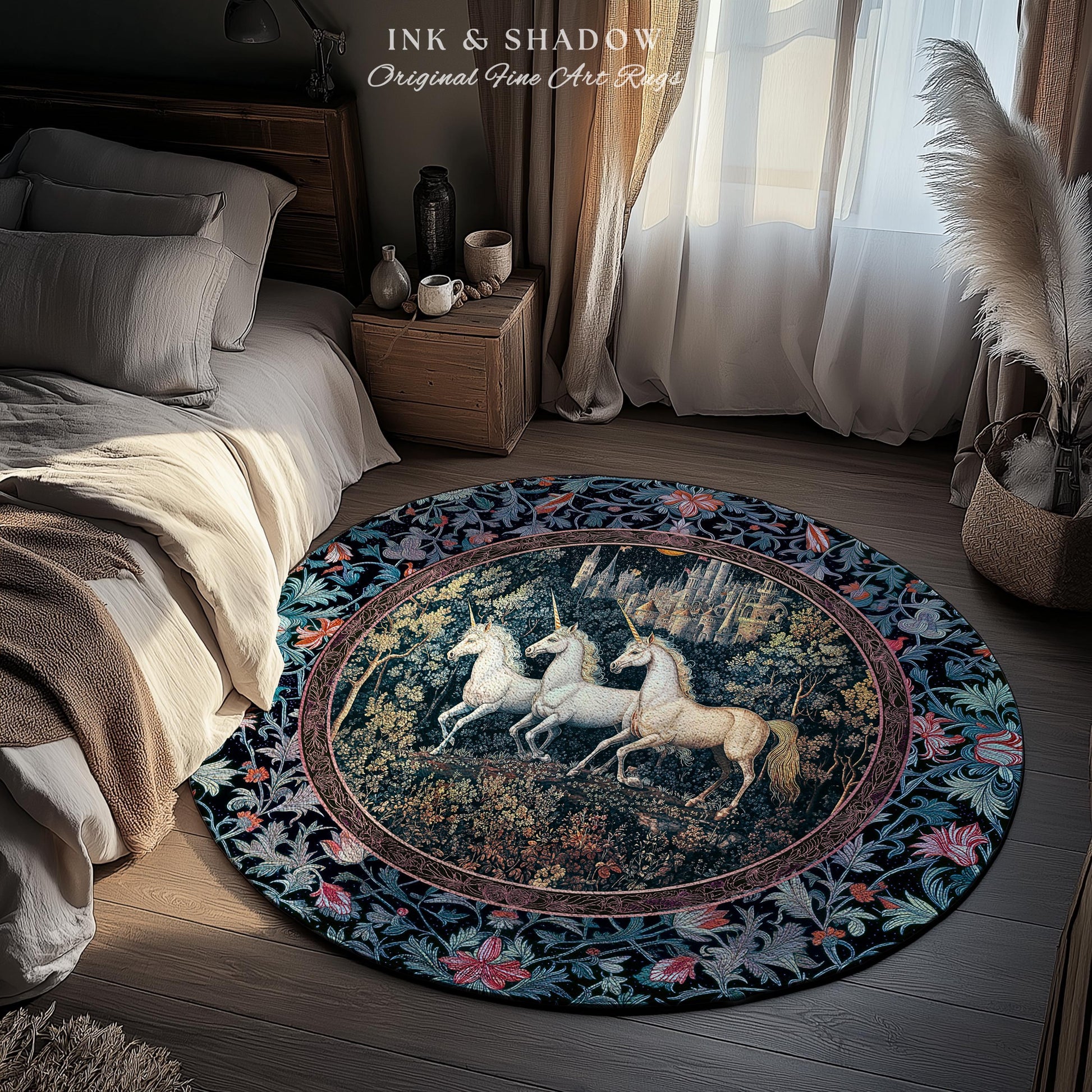 Witchy Dark Romantic Accent Rug | Medieval Folklore Decor Fairytale Inspired Cottagecore Whimsical Fantasy Unicorn Area Rug Gothic Whimsy |