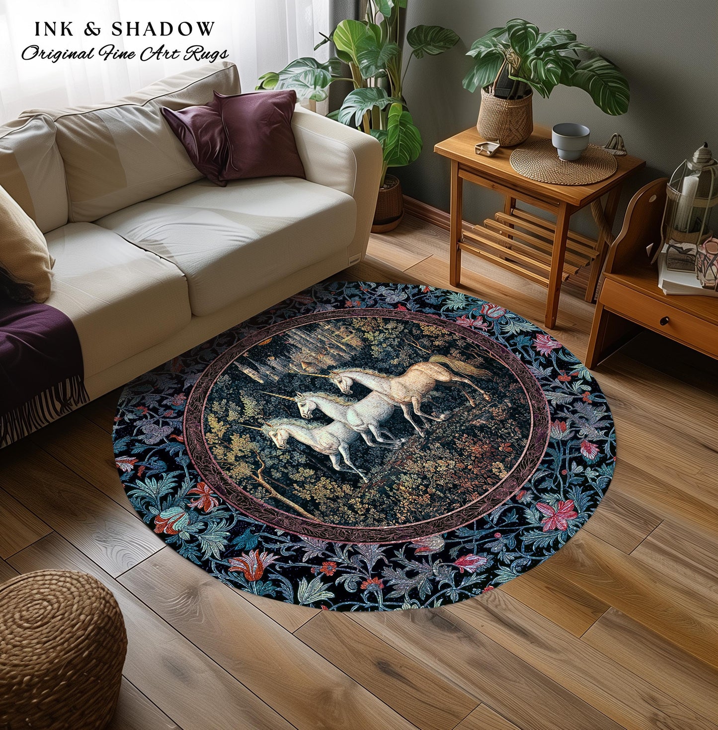 Witchy Dark Romantic Accent Rug | Medieval Folklore Decor Fairytale Inspired Cottagecore Whimsical Fantasy Unicorn Area Rug Gothic Whimsy |