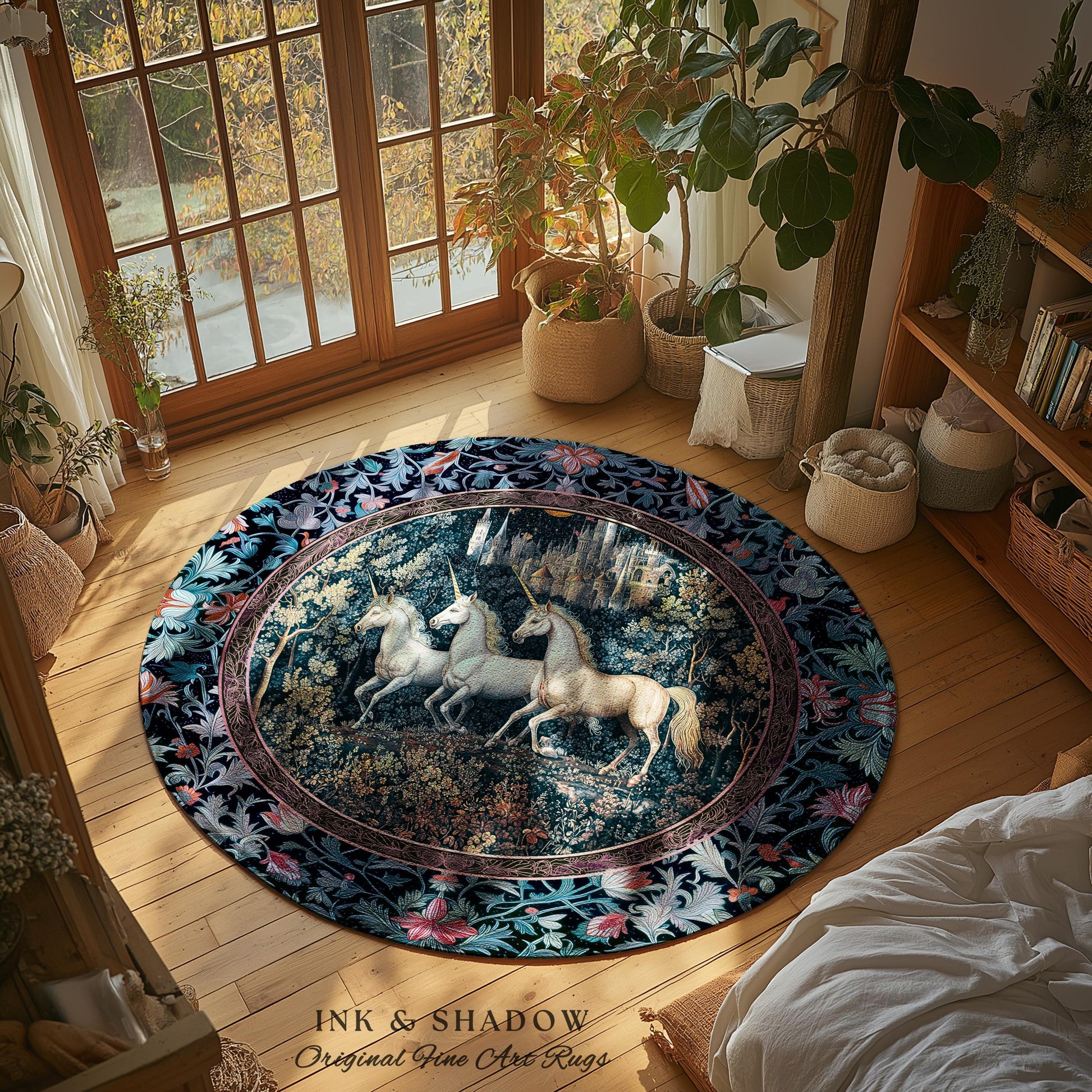 Witchy Dark Romantic Accent Rug | Medieval Folklore Decor Fairytale Inspired Cottagecore Whimsical Fantasy Unicorn Area Rug Gothic Whimsy |
