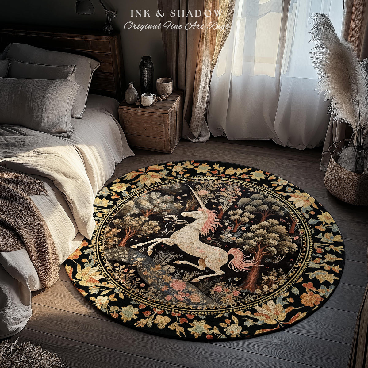 Celestial Unicorn Aesthetic Round Area Rug | Folklore Aesthetic Room Decor Morris Inspired Cottagecore Cozy Fairycore Unicorn Rug Mystical