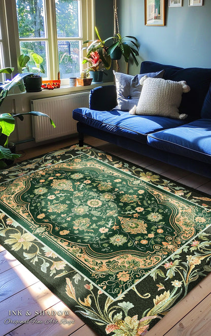 Ornate Emerald Green Accent Rug | Bohemian Style Cottagecore Area Rug Hippie Aesthetic Forest Green Detail Vibrant Color Bedroom Decor Retro