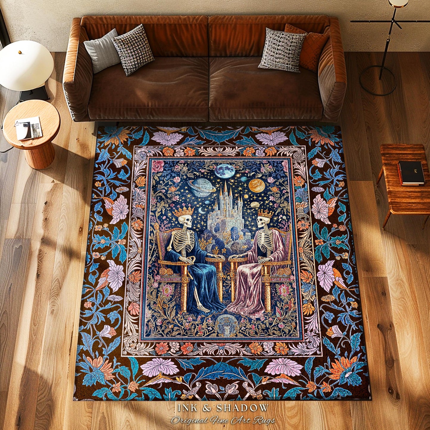 Maximalist Skeleton Royals Pastel Area Rug | Castle Couple Celestial Gothic Moonlit Fairytale Scene Baroque Floral Crowned Lovers Accent Rug
