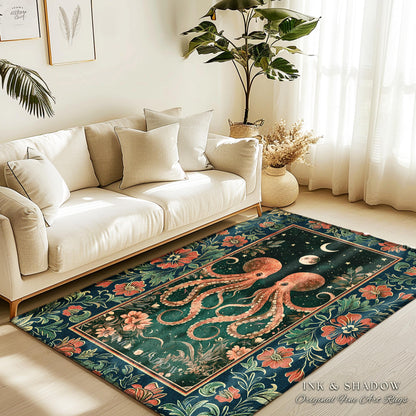 Celestial Octopus Whimsical Area Rug | Ethereal Sea Life Eclectic Accent Rug Magical Underwater Theme Ocean Aesthetic Whimsigothic Nautical