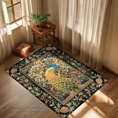 Baroque Floral Forestcore Ornate Round Peacock Rug | Medieval Gothic Woodland Morris Inspired Whimsical Witchy Cottagecore Ethereal Bird Art