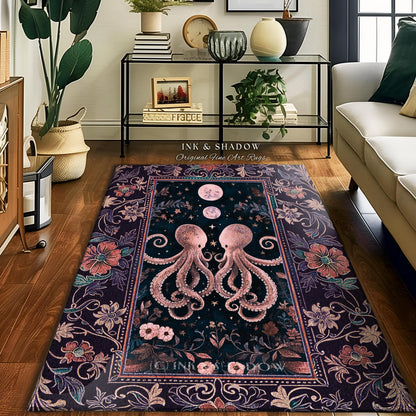 Lunar Magic Whimsical Octopus Rug | Midnight Purple Dark Academia Nautical Celestial Goblincore Oceanic Mystery Victorian Floral Area Rug |