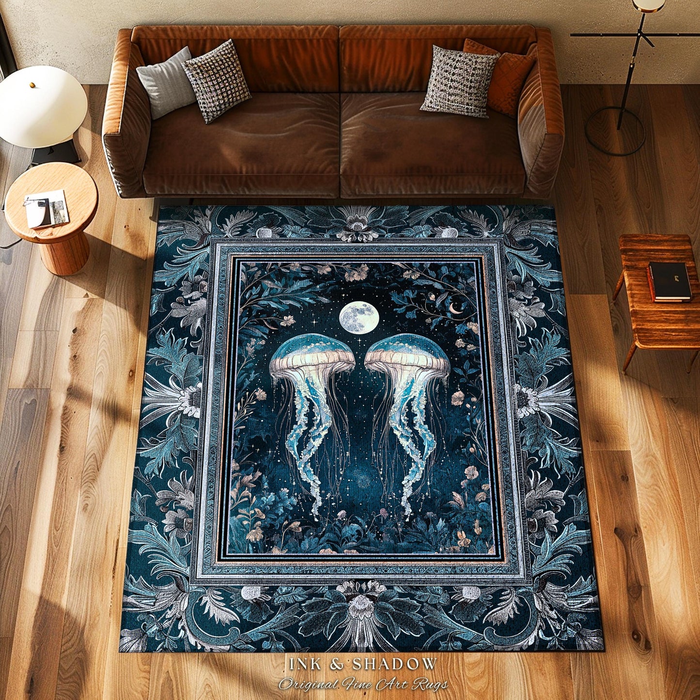 Lunar Ocean Jellyfish Rug Deep Blue Ethereal Coastal Decor, Enchanted Art Nouveau Cottagecore Marine Scene Moonlight Nautical Underwater Rug