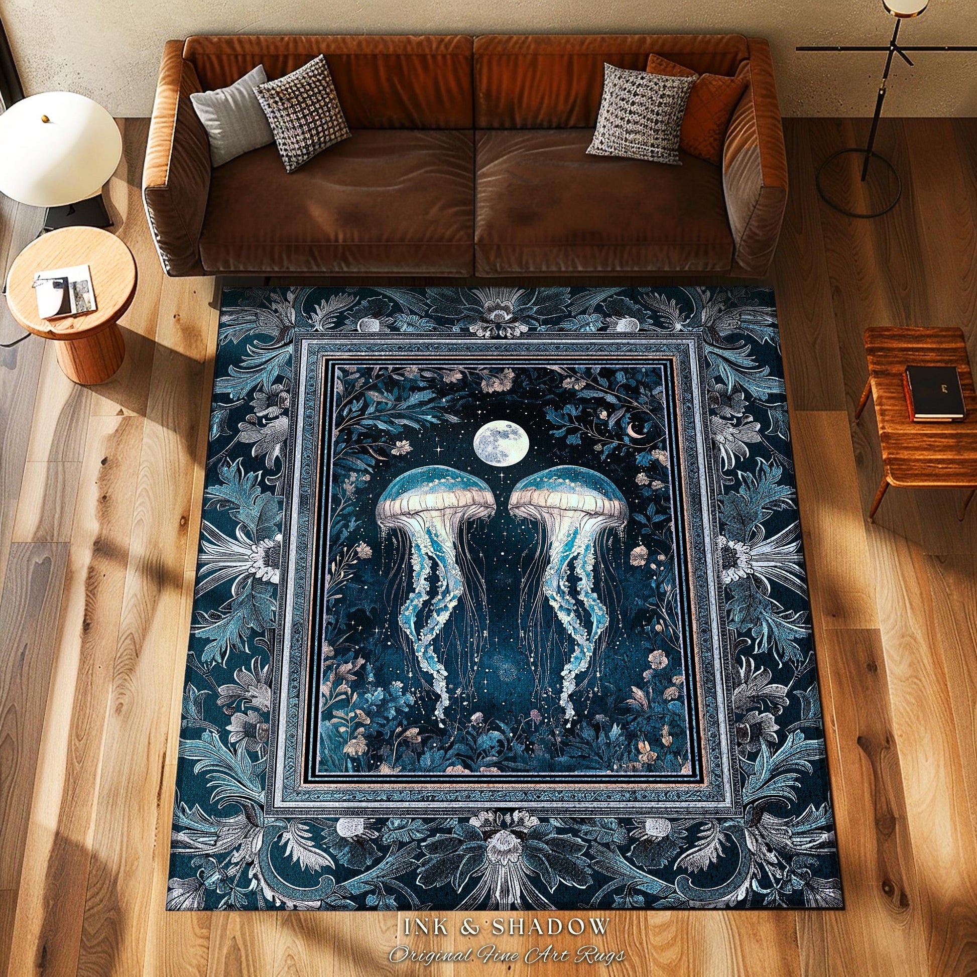 Lunar Ocean Jellyfish Rug Deep Blue Ethereal Coastal Decor, Enchanted Art Nouveau Cottagecore Marine Scene Moonlight Nautical Underwater Rug