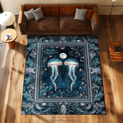 Lunar Ocean Jellyfish Rug Deep Blue Ethereal Coastal Decor, Enchanted Art Nouveau Cottagecore Marine Scene Moonlight Nautical Underwater Rug