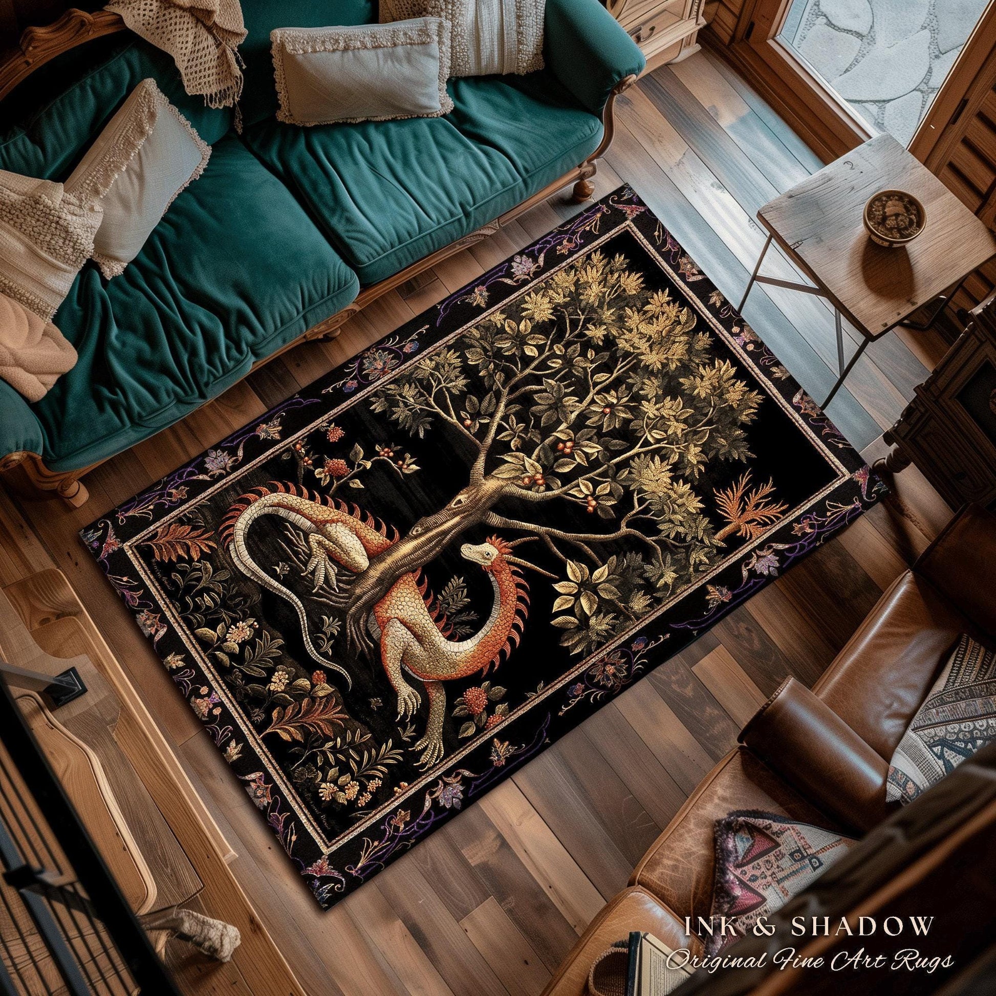 Goblincore Dragon Accent Rug | Medieval Fairytale Inspired Nursery Decor Morris Style Cottagecore Fairycore Gothic Dark Academia Bedroom |