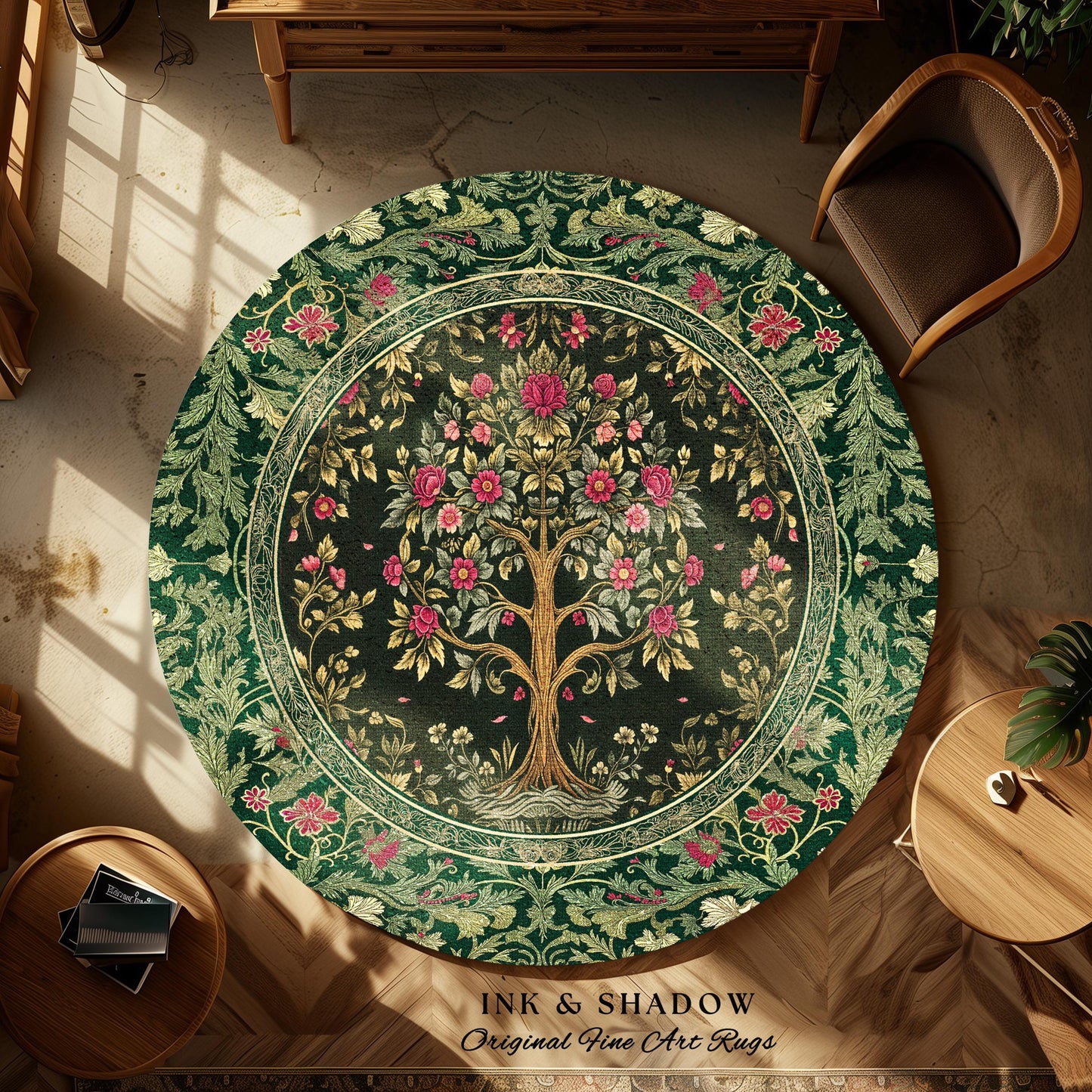 Rosy Botanical Rustic Tree Rug | Woodland Cottagecore Folklore Aesthetic Romantic Decor Vintage Fairycore Bedroom Accent Soft Aesthetic |