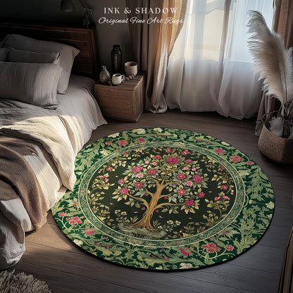 Rosy Botanical Rustic Tree Rug | Woodland Cottagecore Folklore Aesthetic Romantic Decor Vintage Fairycore Bedroom Accent Soft Aesthetic |