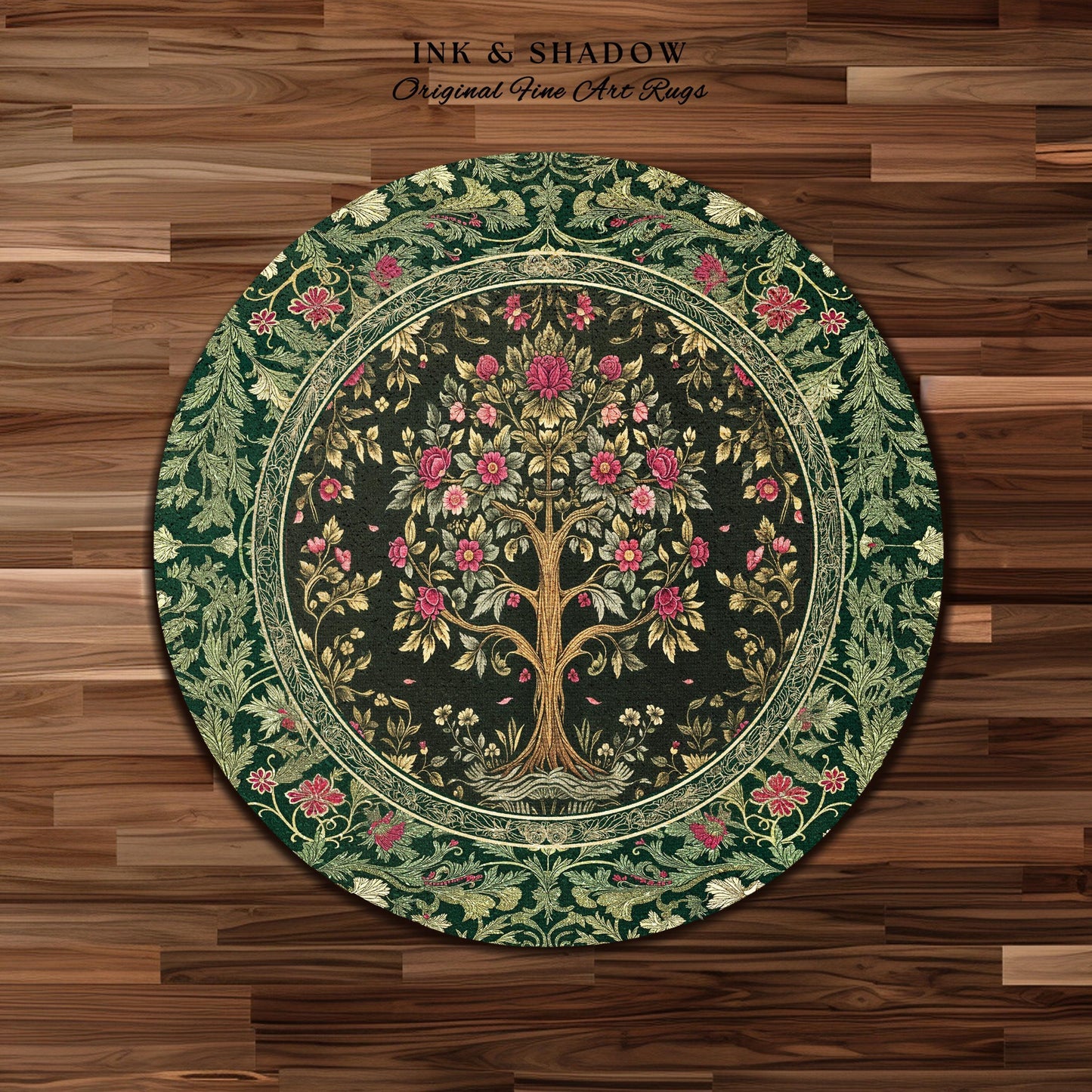 Rosy Botanical Rustic Tree Rug | Woodland Cottagecore Folklore Aesthetic Romantic Decor Vintage Fairycore Bedroom Accent Soft Aesthetic |