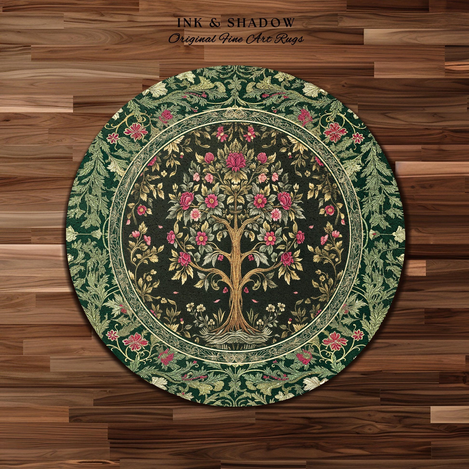 Rosy Botanical Rustic Tree Rug | Woodland Cottagecore Folklore Aesthetic Romantic Decor Vintage Fairycore Bedroom Accent Soft Aesthetic |