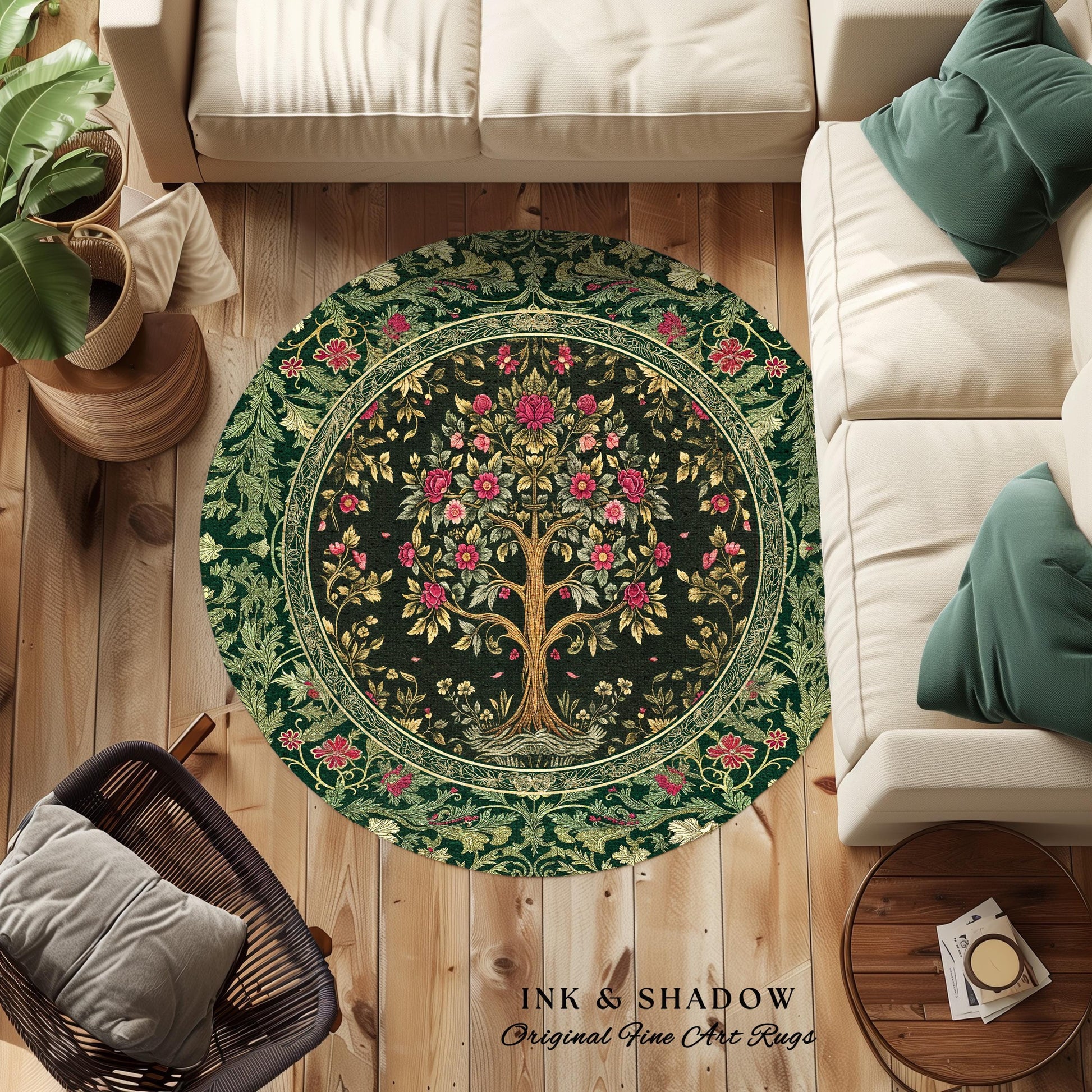 Rosy Botanical Rustic Tree Rug | Woodland Cottagecore Folklore Aesthetic Romantic Decor Vintage Fairycore Bedroom Accent Soft Aesthetic |