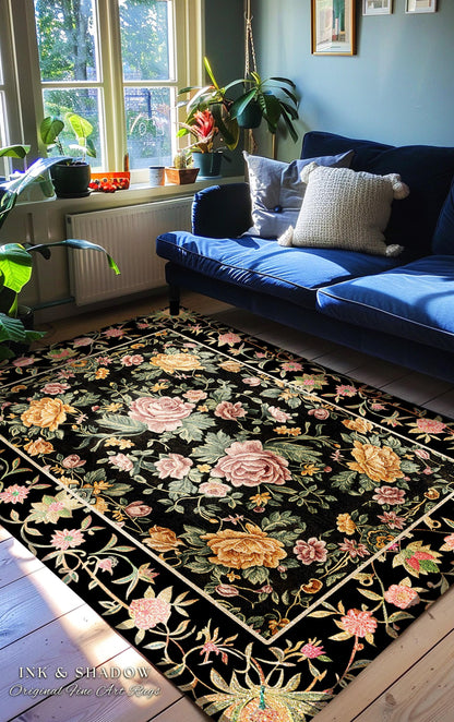 Victorian Roses Floral Accent Rug | Dark Floral Aesthetic Living Room Home Decor Rustic Housewarming Gift Cottagecore Pastel Bedroom Mat