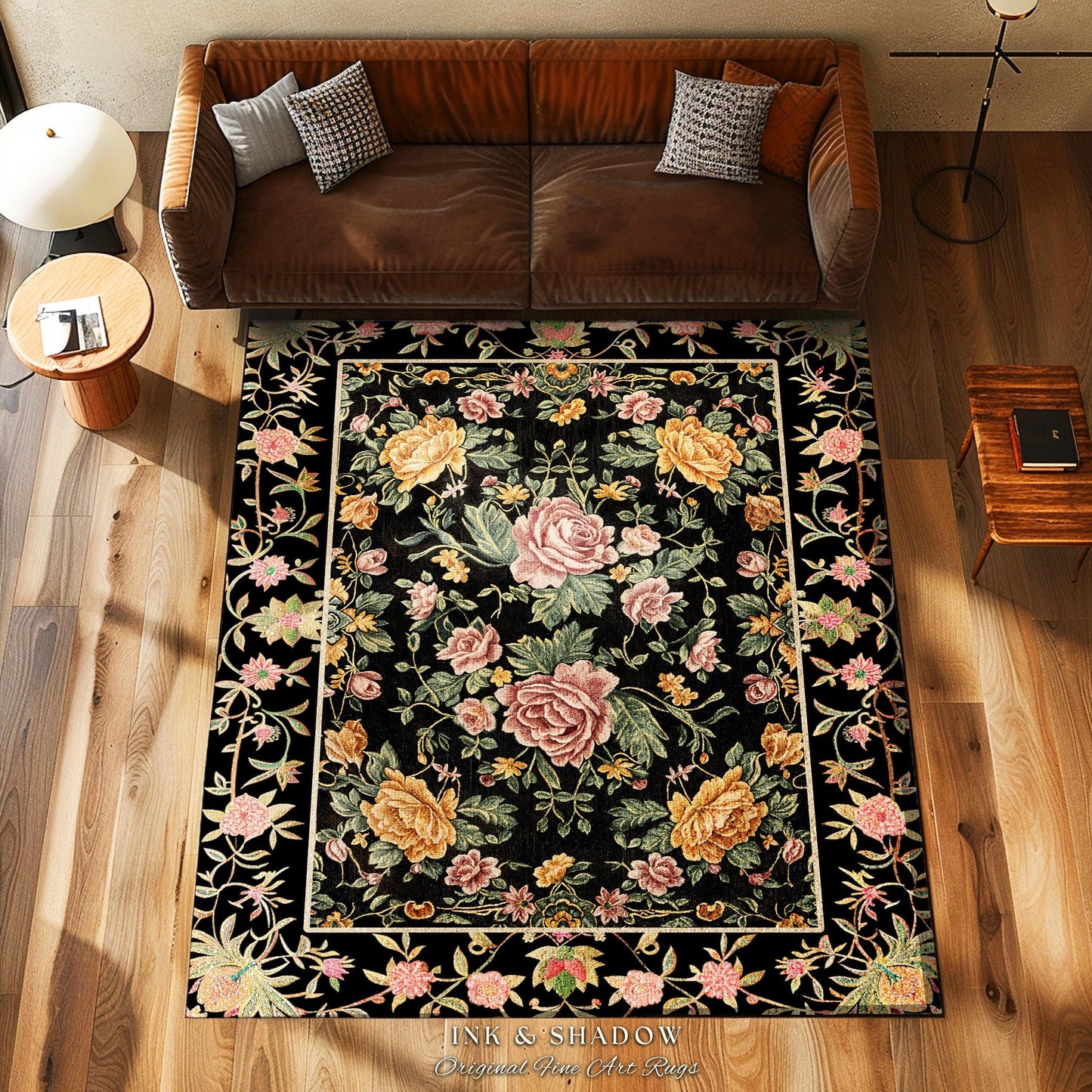 Victorian Roses Floral Accent Rug | Dark Floral Aesthetic Living Room Home Decor Rustic Housewarming Gift Cottagecore Pastel Bedroom Mat