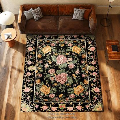 Victorian Roses Floral Accent Rug | Dark Floral Aesthetic Living Room Home Decor Rustic Housewarming Gift Cottagecore Pastel Bedroom Mat