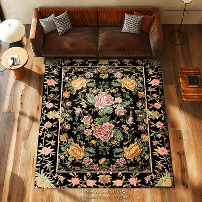 Victorian Roses Floral Accent Rug | Dark Floral Aesthetic Living Room Home Decor Rustic Housewarming Gift Cottagecore Pastel Bedroom Mat