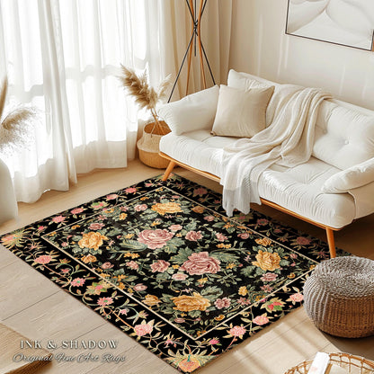 Victorian Roses Floral Accent Rug | Dark Floral Aesthetic Living Room Home Decor Rustic Housewarming Gift Cottagecore Pastel Bedroom Mat