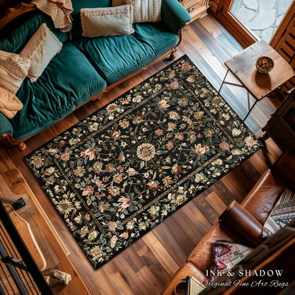 Victorian Folk Art Floral Rose Garden Rug | Dark Cottagecore Fairytale Decor Romantic Rustic Living Room Whimsical Vintage Aesthetic Accent