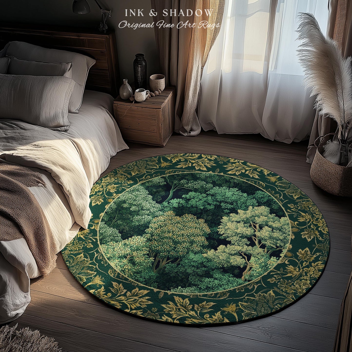 Lush Botanical Green Round Area Rug | Forest Theme Woodsy Aesthetic Living Room Green Home Decor Housewarming Gift Emerald Green Bedroom Mat