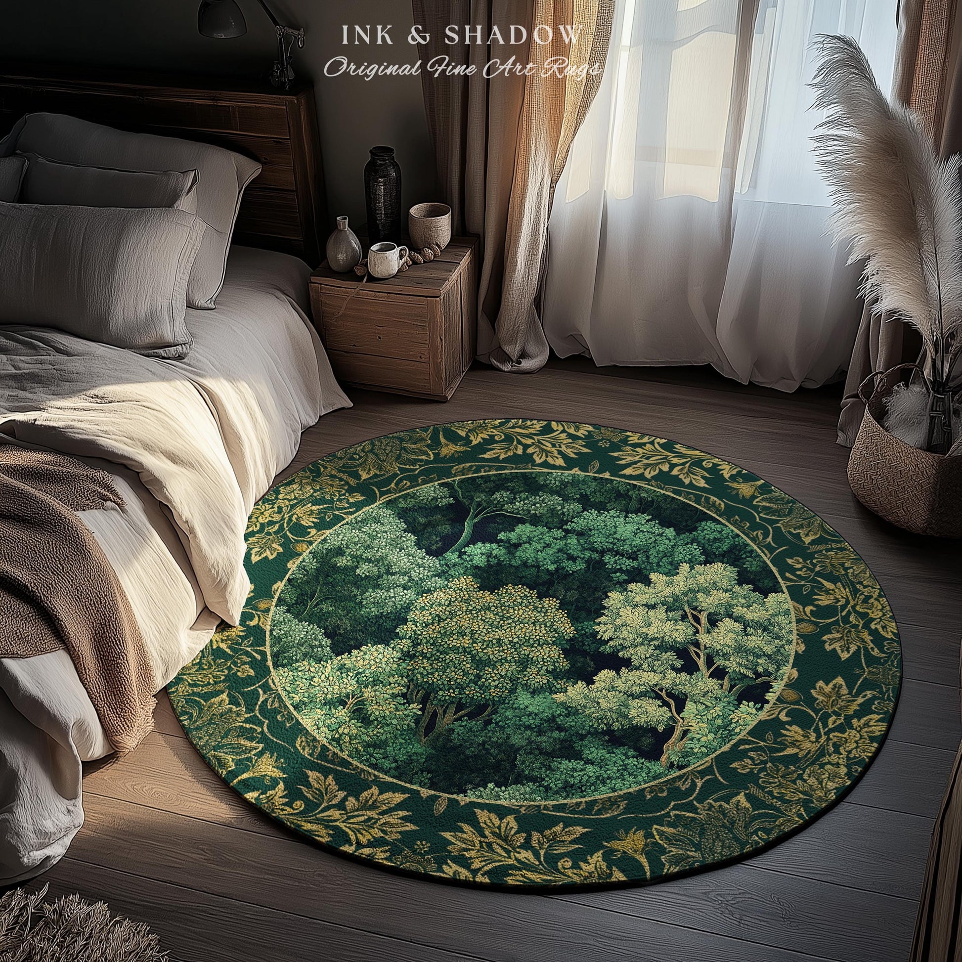 Lush Botanical Green Round Area Rug | Forest Theme Woodsy Aesthetic Living Room Green Home Decor Housewarming Gift Emerald Green Bedroom Mat