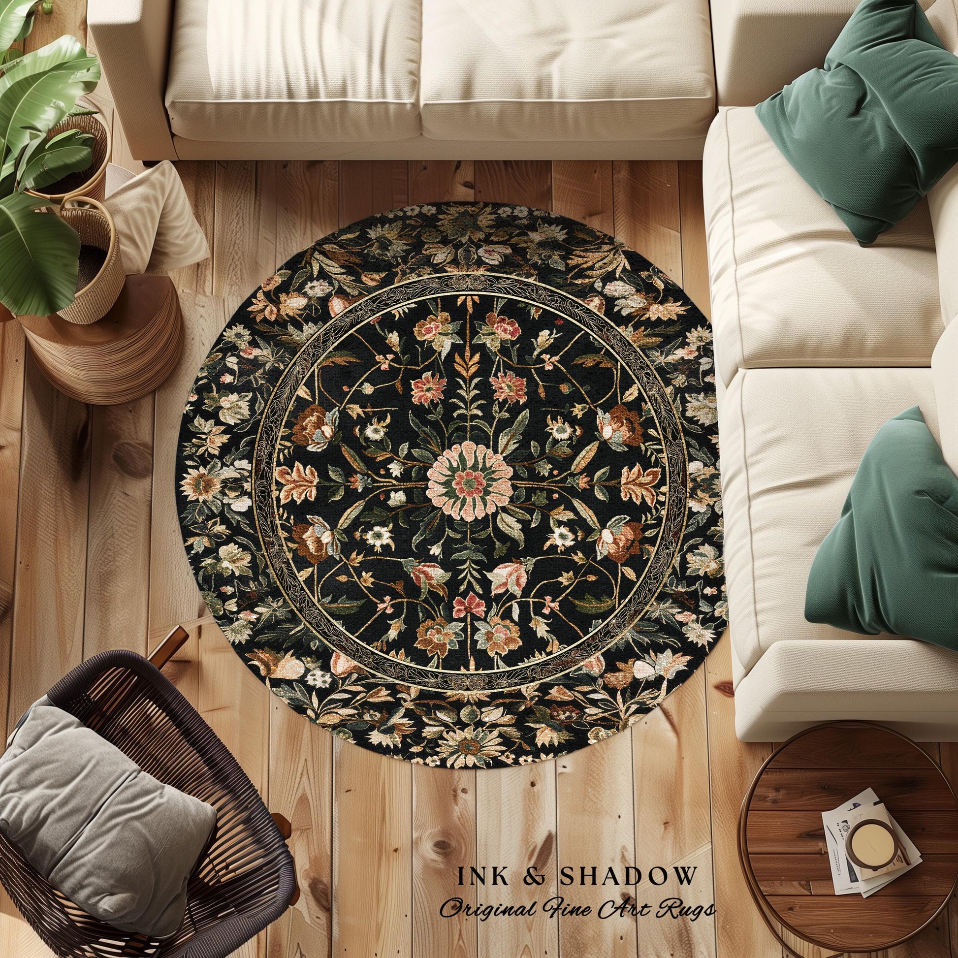 Victorian Folk Art Floral Rose Garden Rug | Dark Cottagecore Fairytale Decor Romantic Rustic Living Room Whimsical Vintage Aesthetic Accent