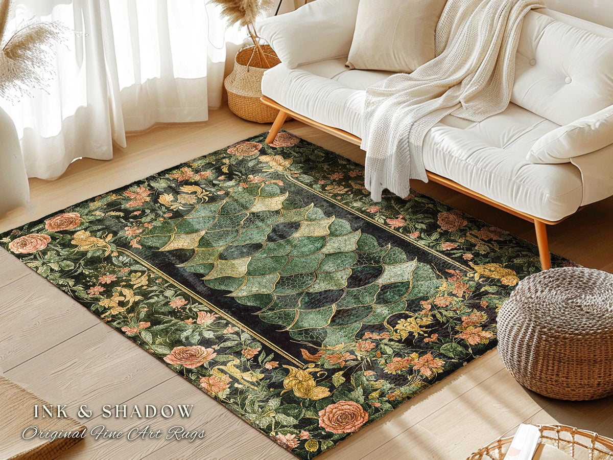 Dark Magic Dragon Scale Accent Rug | Fantasy Aesthetic Sage Green Cottagegoth Medieval Floor Art Accent Book Nook Academia Whimsical Decor