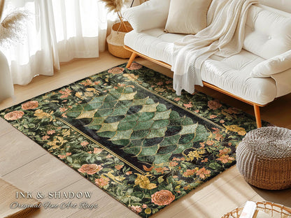 Dark Magic Dragon Scale Accent Rug | Fantasy Aesthetic Sage Green Cottagegoth Medieval Floor Art Accent Book Nook Academia Whimsical Decor