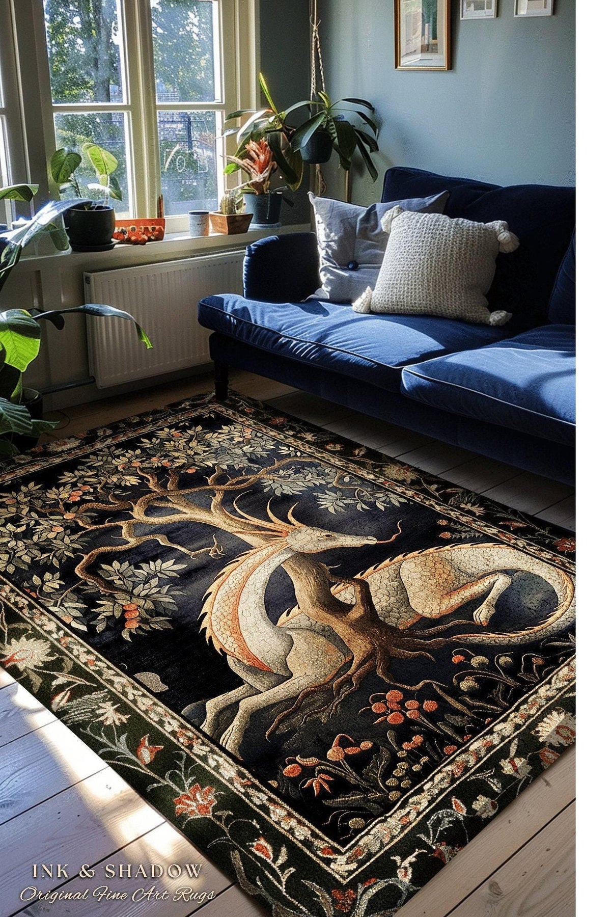 Forest Spirit Round Area Rug | Dark Cottagecore Gothic Book Nook Decor Fairy Core Bedroom Magical Dragon Aesthetic Maximalist Game Room Rug