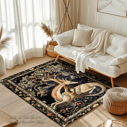 Forest Spirit Round Area Rug | Dark Cottagecore Gothic Book Nook Decor Fairy Core Bedroom Magical Dragon Aesthetic Maximalist Game Room Rug