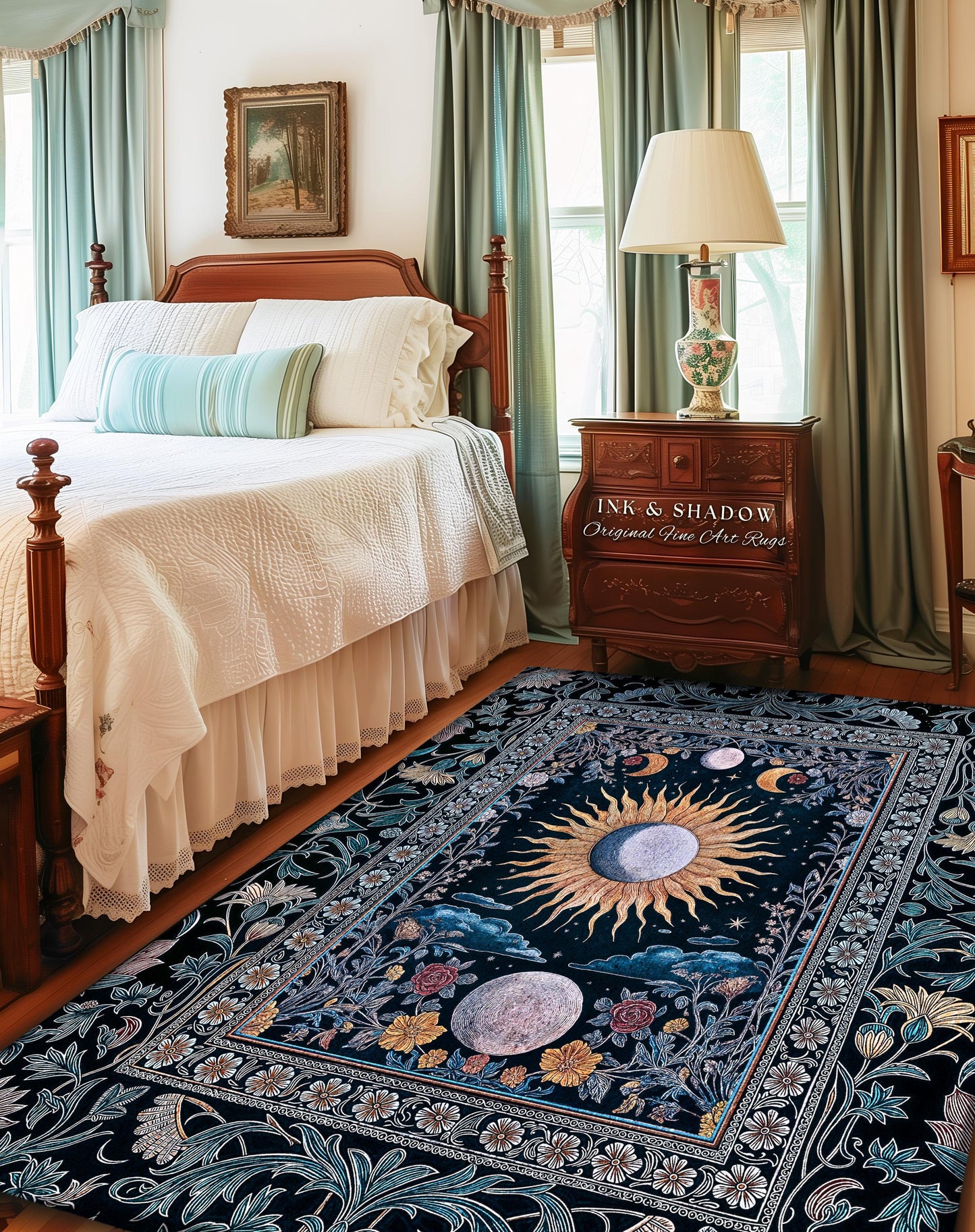 Whimsigothic Eclectic Moon Rug | Celestial Boho Mystic Tarot Astrology Style Bedroom Decor Witchy Moody Maximalist Floral Starry Night Art