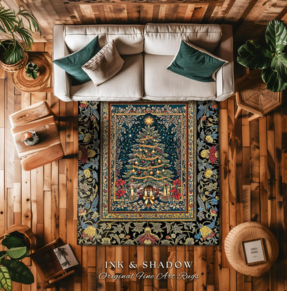 Holy Night Christmas Rug | Vintage Tree Floor Art Cozy Winter Decor Retro Holiday Accent Heirloom Cottagecore Yuletide Home Style