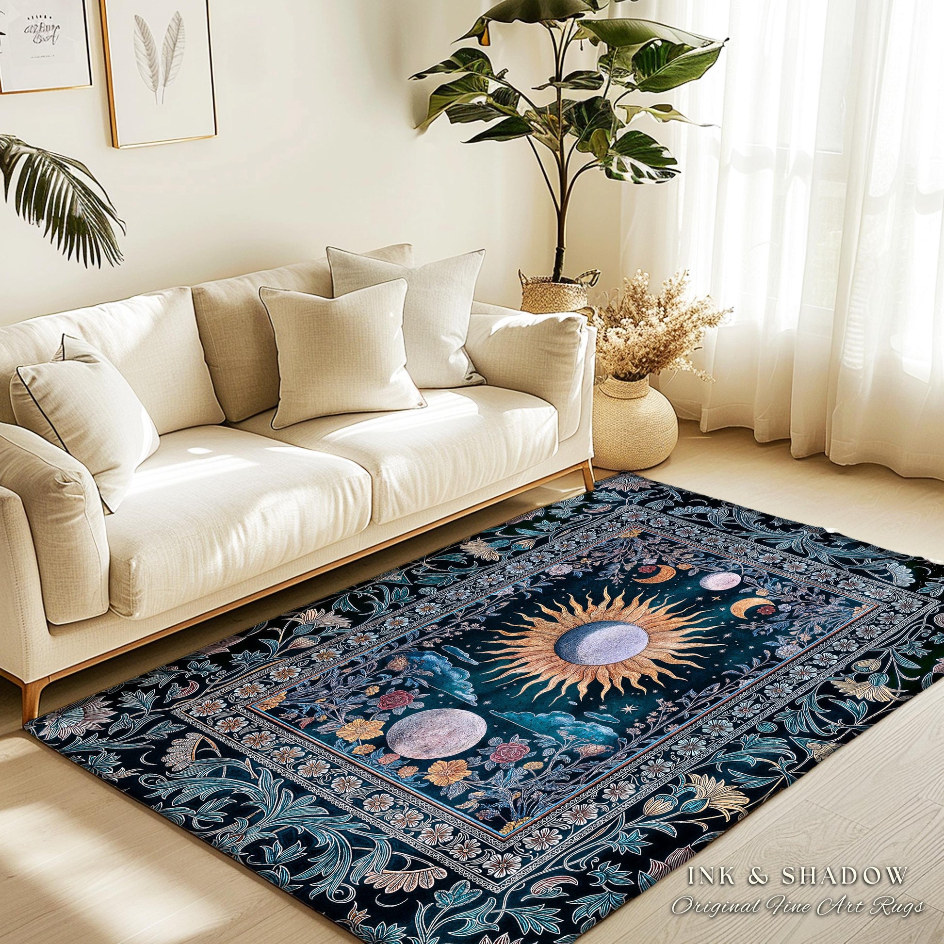 Whimsigothic Eclectic Moon Rug | Celestial Boho Mystic Tarot Astrology Style Bedroom Decor Witchy Moody Maximalist Floral Starry Night Art