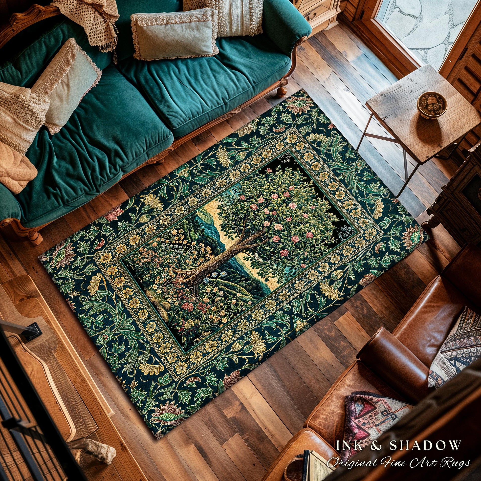 Countryside Sunset Tree of Life Rug | Elegant Floral Landscape Wildflower Decor Nature Inspired Cottagecore Home Accent Rug Storybook Vibe |