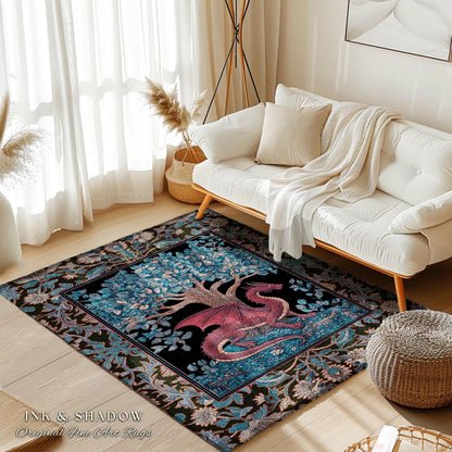 Folk Art Dragon Theme Rug | Dark Botanical Woodland Moody Bedroom Baroque Fantasy Tree Home Accent Fantasy Aesthetic Mythical Creatures Art