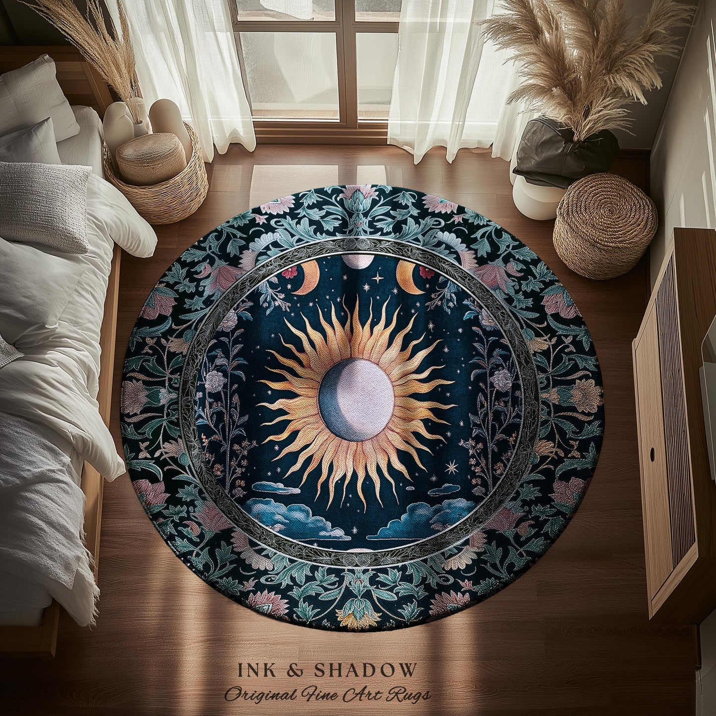 Whimsigothic Eclectic Moon Rug | Celestial Boho Mystic Tarot-Inspired Astrology Bedroom Decor Witchy Maximalist Floral Aesthetic Moody Style