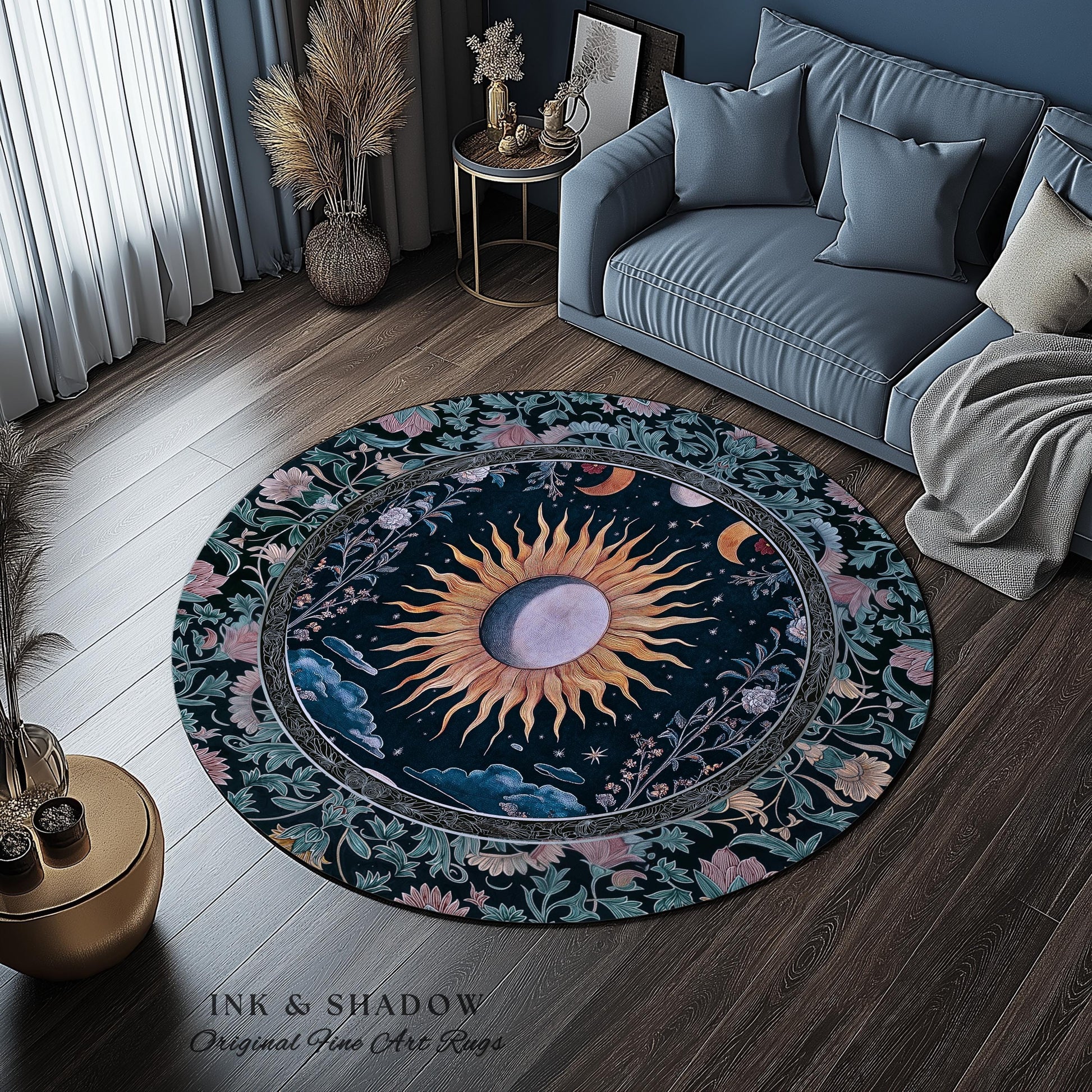 Whimsigothic Eclectic Moon Rug | Celestial Boho Mystic Tarot-Inspired Astrology Bedroom Decor Witchy Maximalist Floral Aesthetic Moody Style