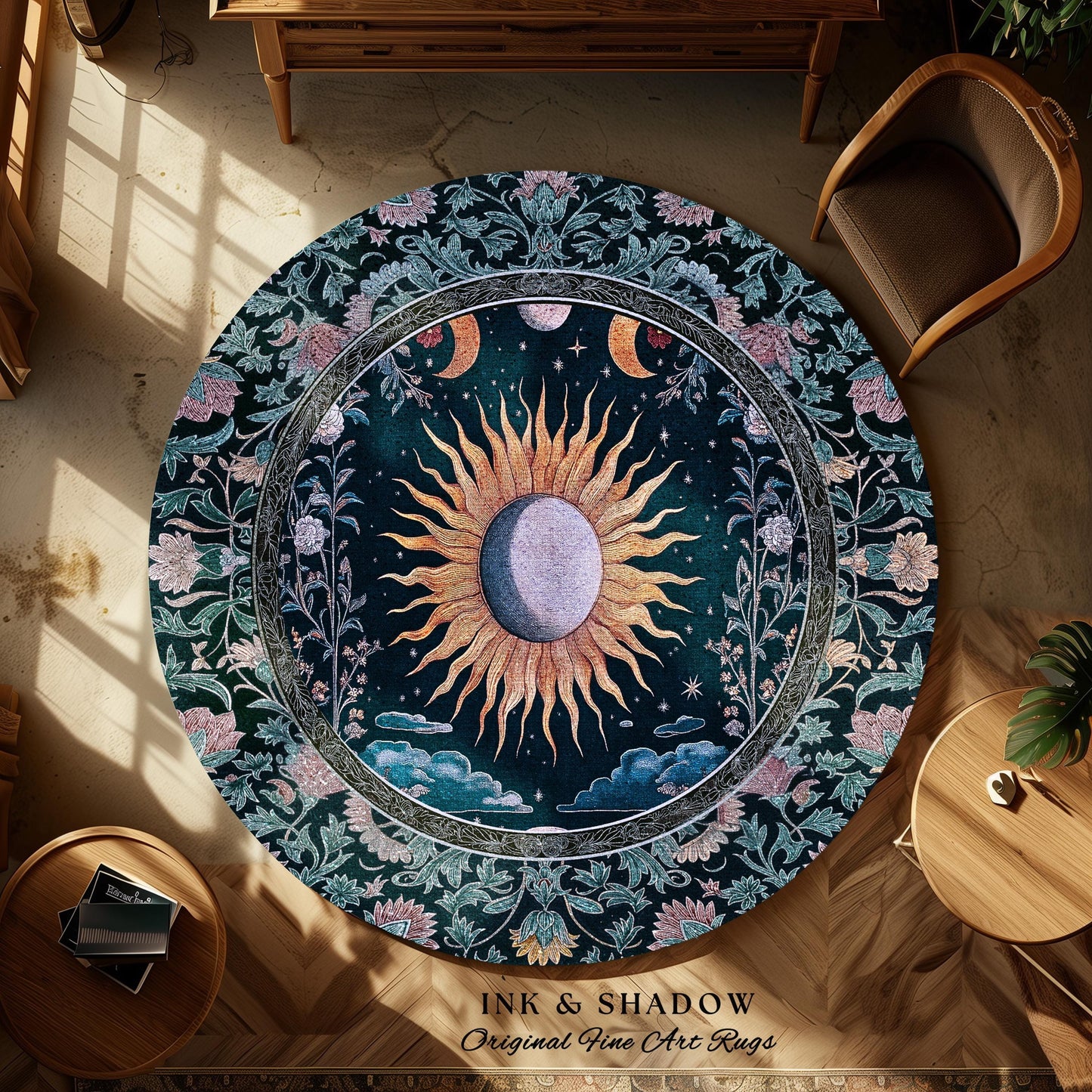 Whimsigothic Eclectic Moon Rug | Celestial Boho Mystic Tarot-Inspired Astrology Bedroom Decor Witchy Maximalist Floral Aesthetic Moody Style