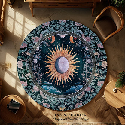 Whimsigothic Eclectic Moon Rug | Celestial Boho Mystic Tarot-Inspired Astrology Bedroom Decor Witchy Maximalist Floral Aesthetic Moody Style