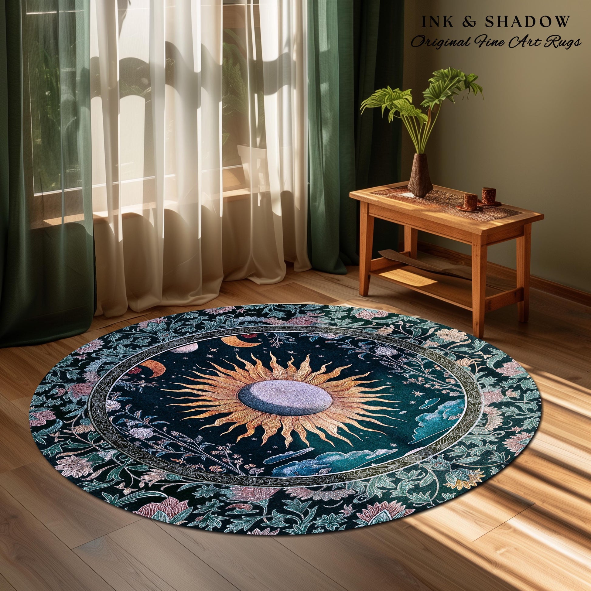 Whimsigothic Eclectic Moon Rug | Celestial Boho Mystic Tarot-Inspired Astrology Bedroom Decor Witchy Maximalist Floral Aesthetic Moody Style
