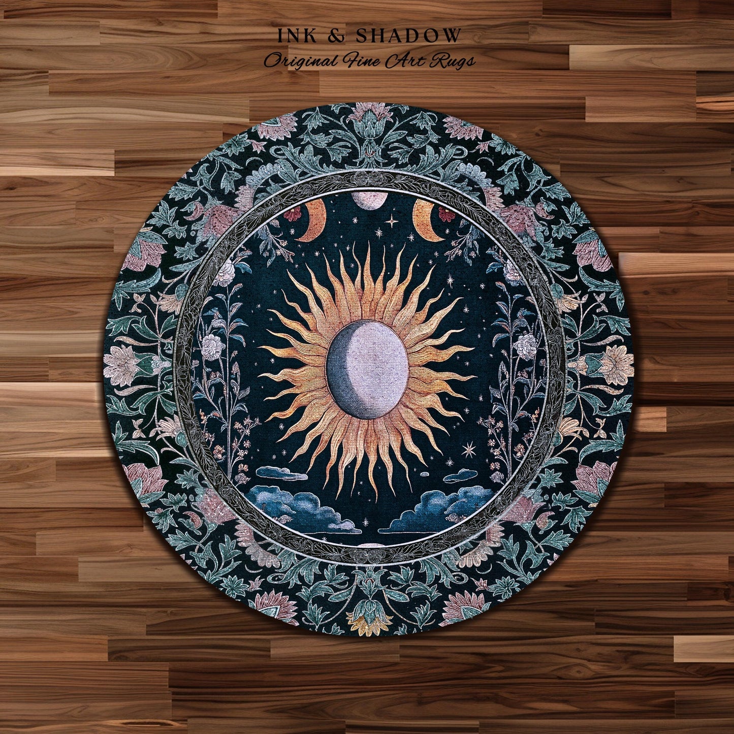 Whimsigothic Eclectic Moon Rug | Celestial Boho Mystic Tarot-Inspired Astrology Bedroom Decor Witchy Maximalist Floral Aesthetic Moody Style