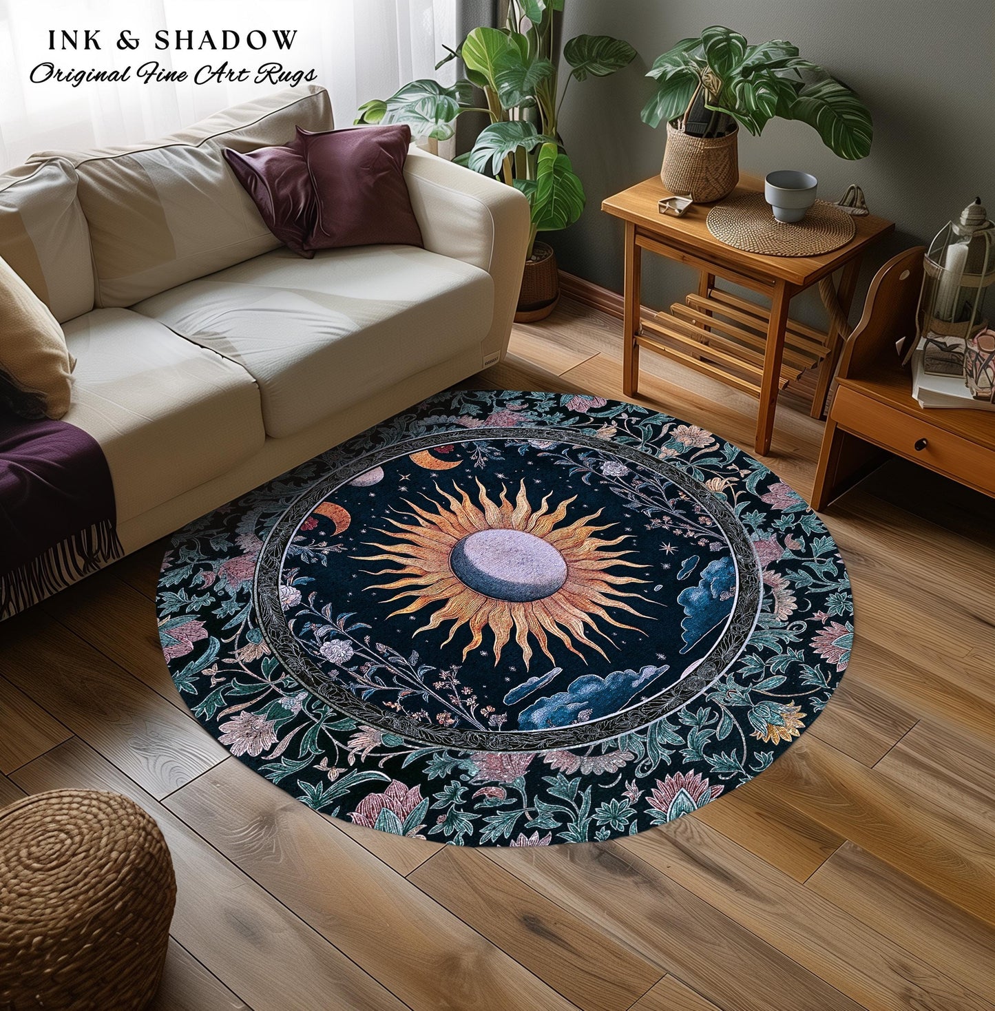 Whimsigothic Eclectic Moon Rug | Celestial Boho Mystic Tarot-Inspired Astrology Bedroom Decor Witchy Maximalist Floral Aesthetic Moody Style