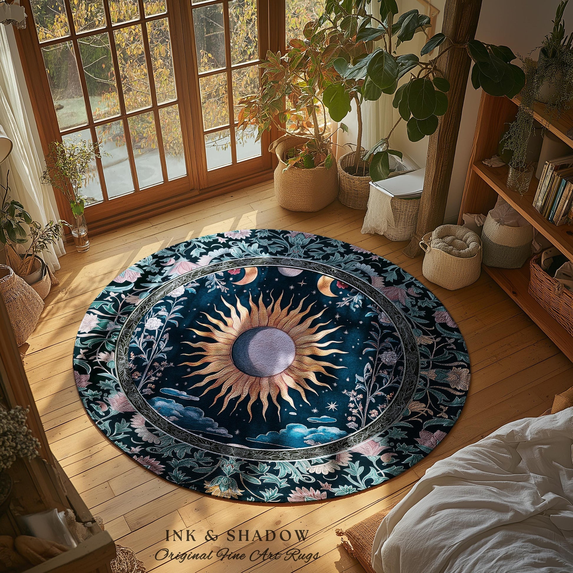 Whimsigothic Eclectic Moon Rug | Celestial Boho Mystic Tarot-Inspired Astrology Bedroom Decor Witchy Maximalist Floral Aesthetic Moody Style