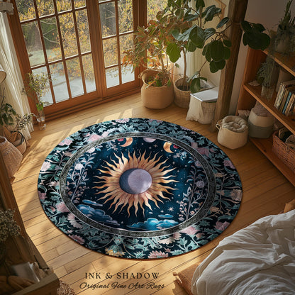 Whimsigothic Eclectic Moon Rug | Celestial Boho Mystic Tarot-Inspired Astrology Bedroom Decor Witchy Maximalist Floral Aesthetic Moody Style
