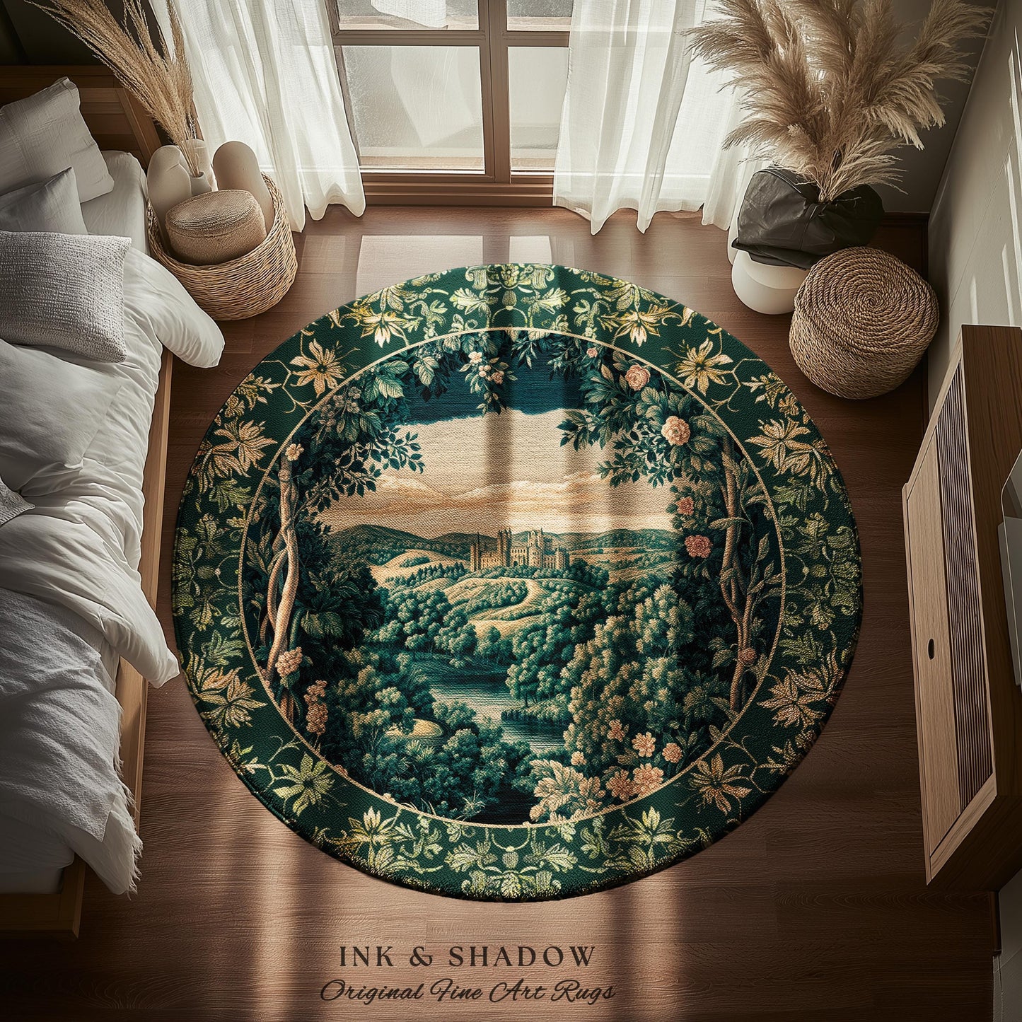 Rosy Forestcore Floral Area Rug | Woodland Castle Dreamy Ethereal Bedroom Aesthetic Princess Accent Rug Woodland Medieval Whimsical Elegance