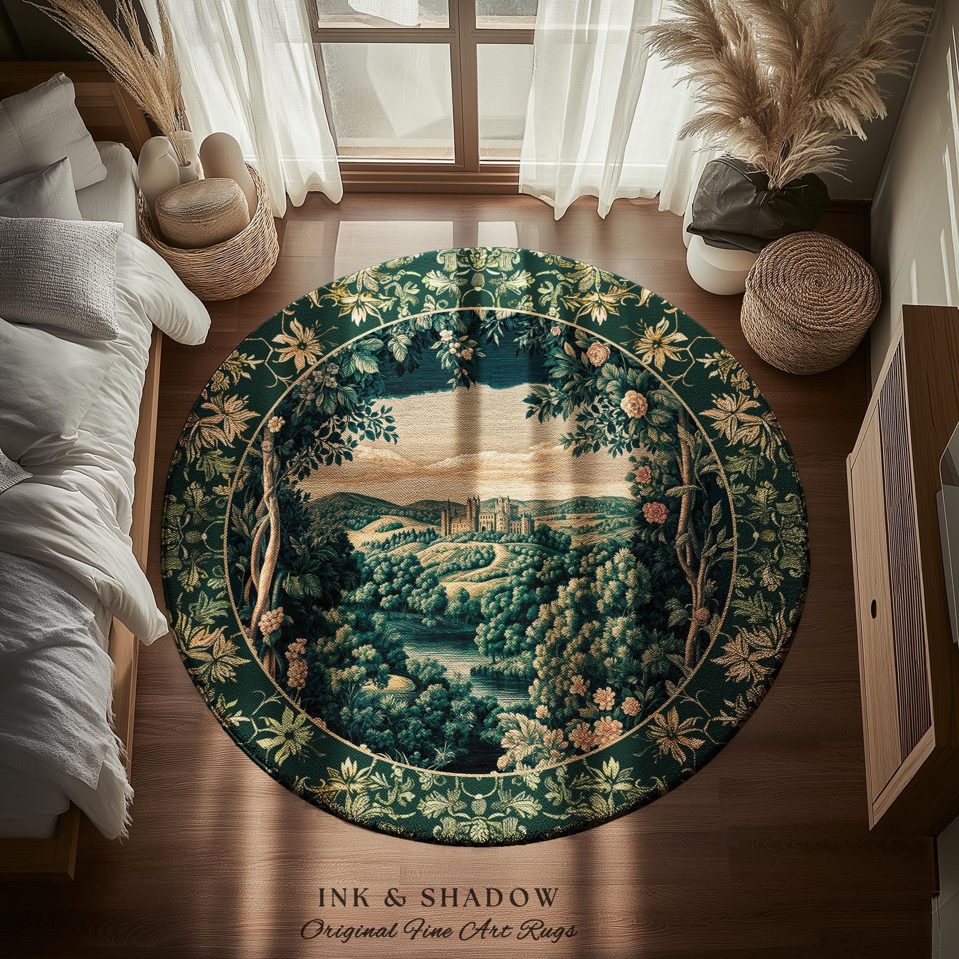 Rosy Forestcore Floral Area Rug | Woodland Castle Dreamy Ethereal Bedroom Aesthetic Princess Accent Rug Woodland Medieval Whimsical Elegance