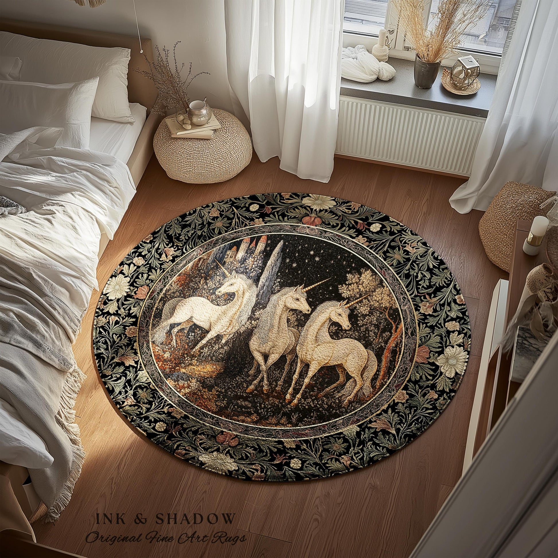 Medieval Ethereal Unicorn Area Rug | Goblincore Aesthetic Accent Rug Ornate Vintage Gothic Baroque Florals Magical Wonders Bedroom Carpet |