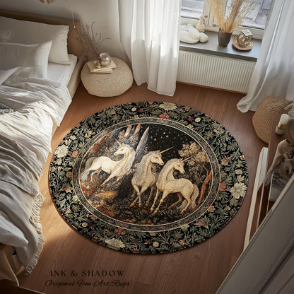Medieval Ethereal Unicorn Area Rug | Goblincore Aesthetic Accent Rug Ornate Vintage Gothic Baroque Florals Magical Wonders Bedroom Carpet |
